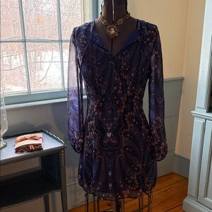 Paisley-Print Navy Long-Sleeve Mini Dress